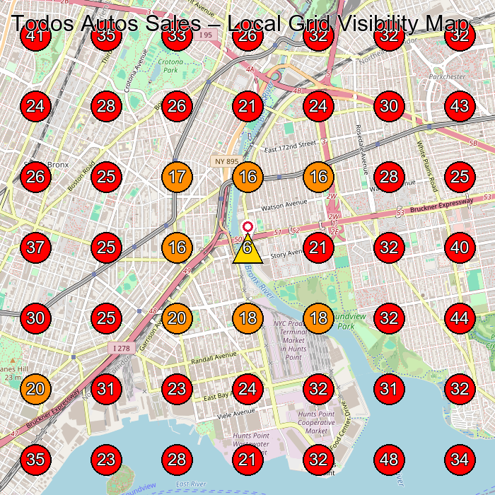 Todos Autos Sales GeoGrid visibility map for Used Auto Parts Store in Bronx